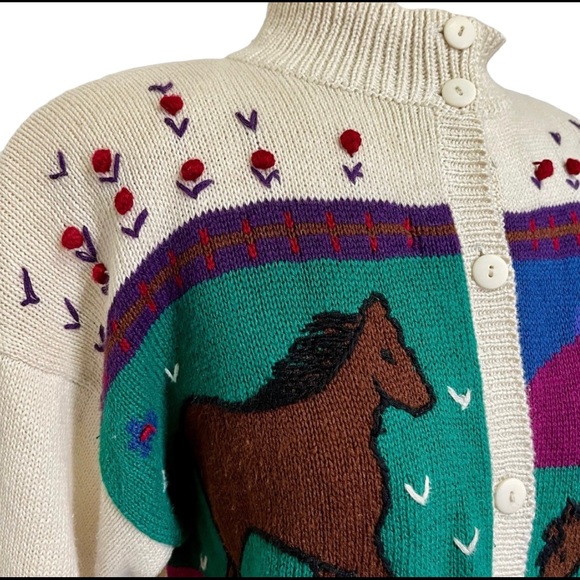 80s Vintage Cottagecore Apple Orchard Horse Cardigan - Picture 7 of 14